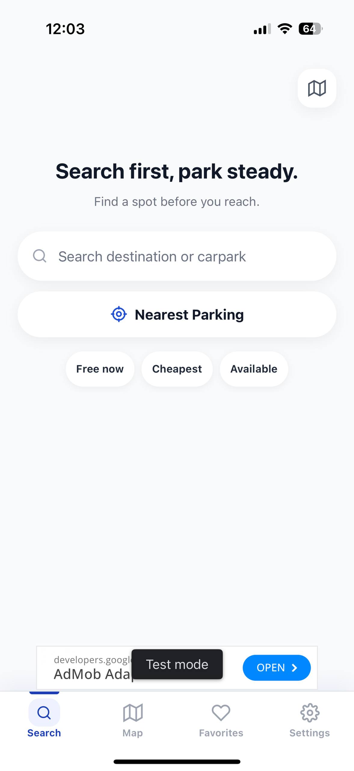 ParkHere SG app search screen showing a destination search bar, a Nearest Parking button, and Free now, Cheapest and Available quick filters.
